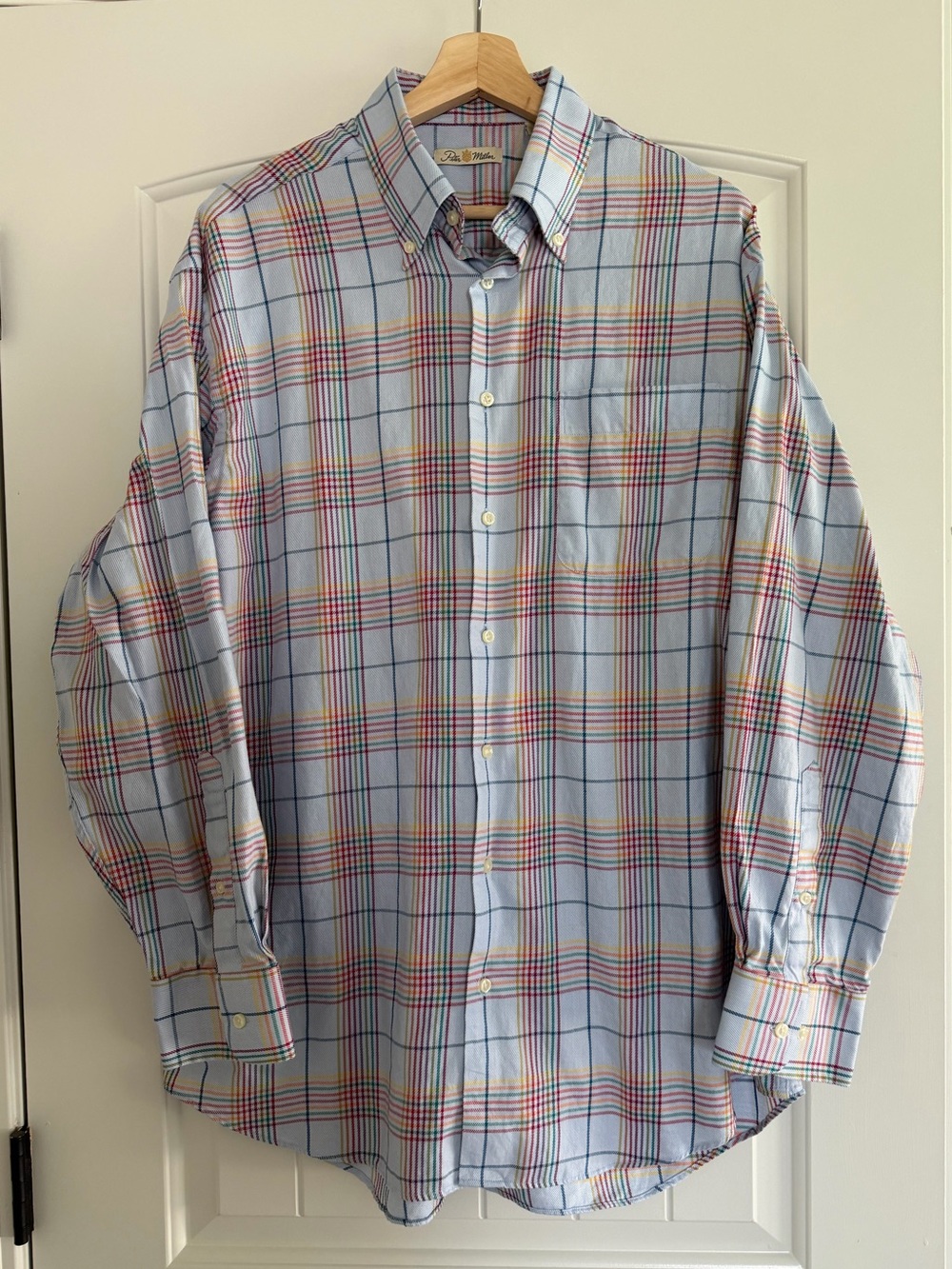 Peter Millar Men’s Large Light Blue Plaid Button-Down Golf Shirt 100% Cotton